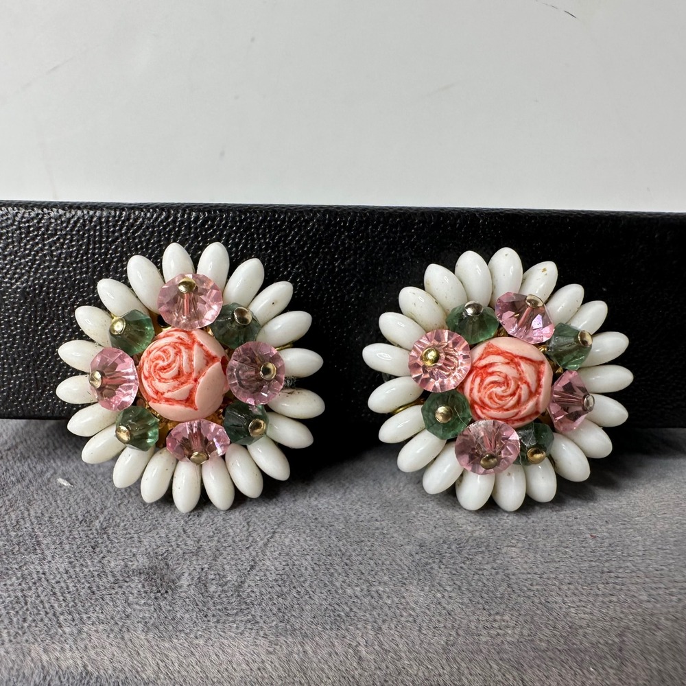 Vintage Cluster Clip On Earrings White Glass Petals Carved Rose Pink Green Beads